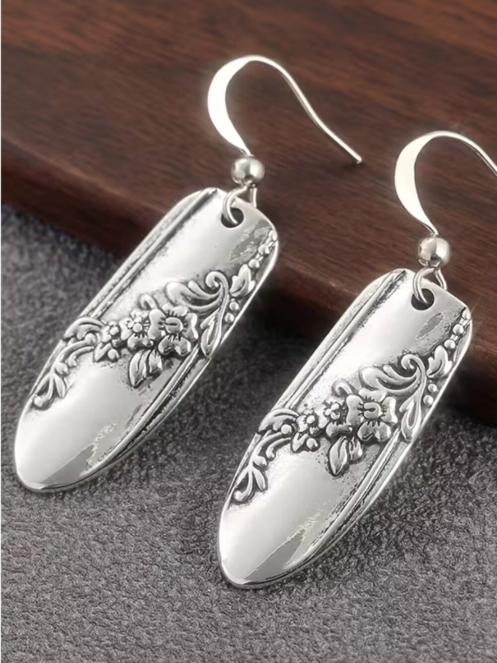 Bohemian Style Silver Teaspoon Earrings Flower & Vine Embossed Artisan Inspired